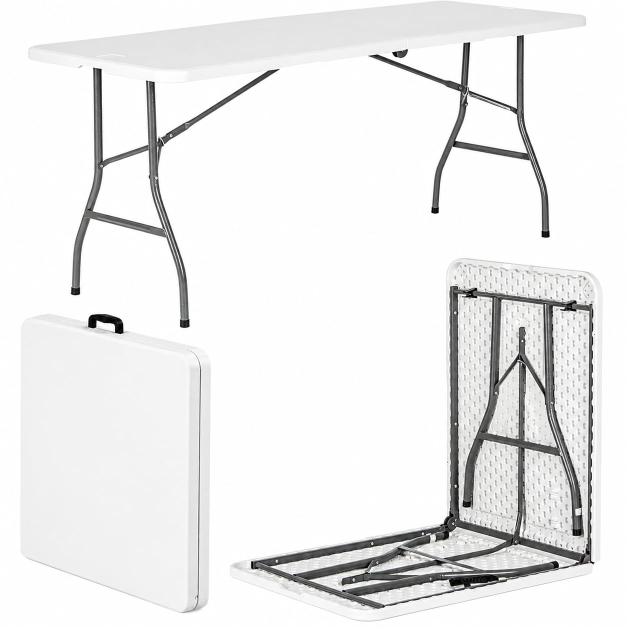 BURAKH 6ft Folding Trestle Table 180cm – Heavy Duty Portable Folding Table with Carry Handle for Catering, Picnic, Camping, Garden, BBQ, Parties & Events – Indoor/Outdoor Use (White)