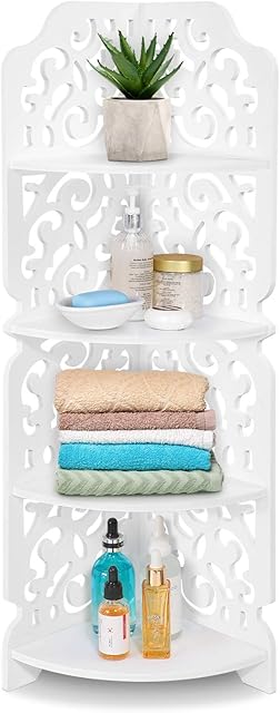 Yosoo Health Gear 4-Tier Freestanding Corner Shelves, 4 Tier Wood Freestanding Corner Rack Modern Carved Corner Shelf Unit Rack Display Storage Shelf for Living Room Office Bathroom Corner (White)