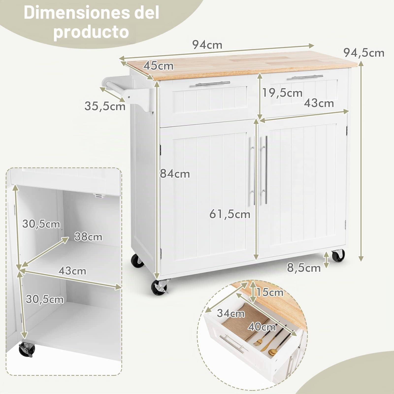 GOPLUS Postre con Ruedas, Cesta de Cocina de Madera, con Armario, Estante de 3 Niveles Ajustables y 2 cajones, toalleros, 94 x 45 x 94,5 cm, Blanco