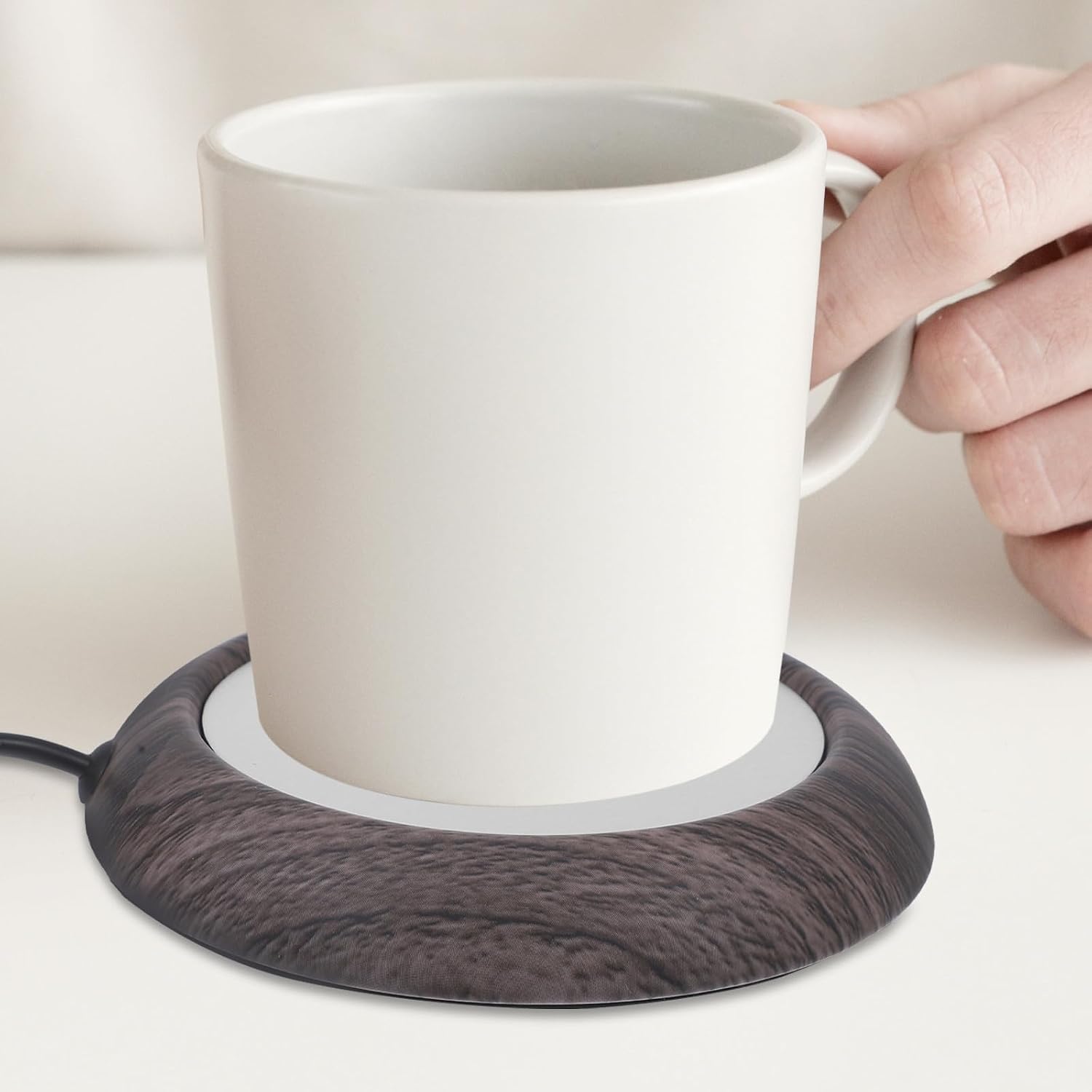 KICHOUSE USB Reusable Mug Warmer Coffee Cup Heating Coaster Metal Base with Deep Wood Grain Pattern for Office Desk Beverage Heating