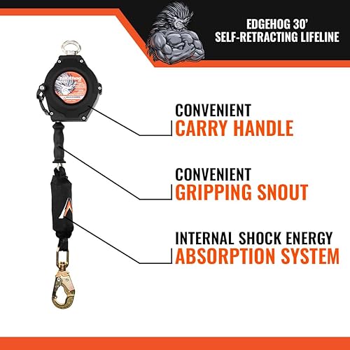 Miniatura 4 de Malta Dynamics Edgehog Línea de vida auto retráctil de 30 pies con gancho a presión, frenado de acción rápida y cable YoYo autobloqueo, cordón de