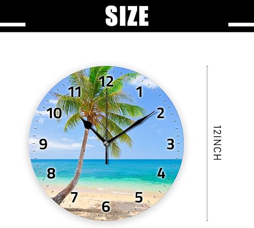 Miniatura 2 de Tiawutal Relojes de pared a pilas de 12 pulgadas, cocoteros junto al mar, decoración silenciosa del hogar de verano para baño, sala de estar,