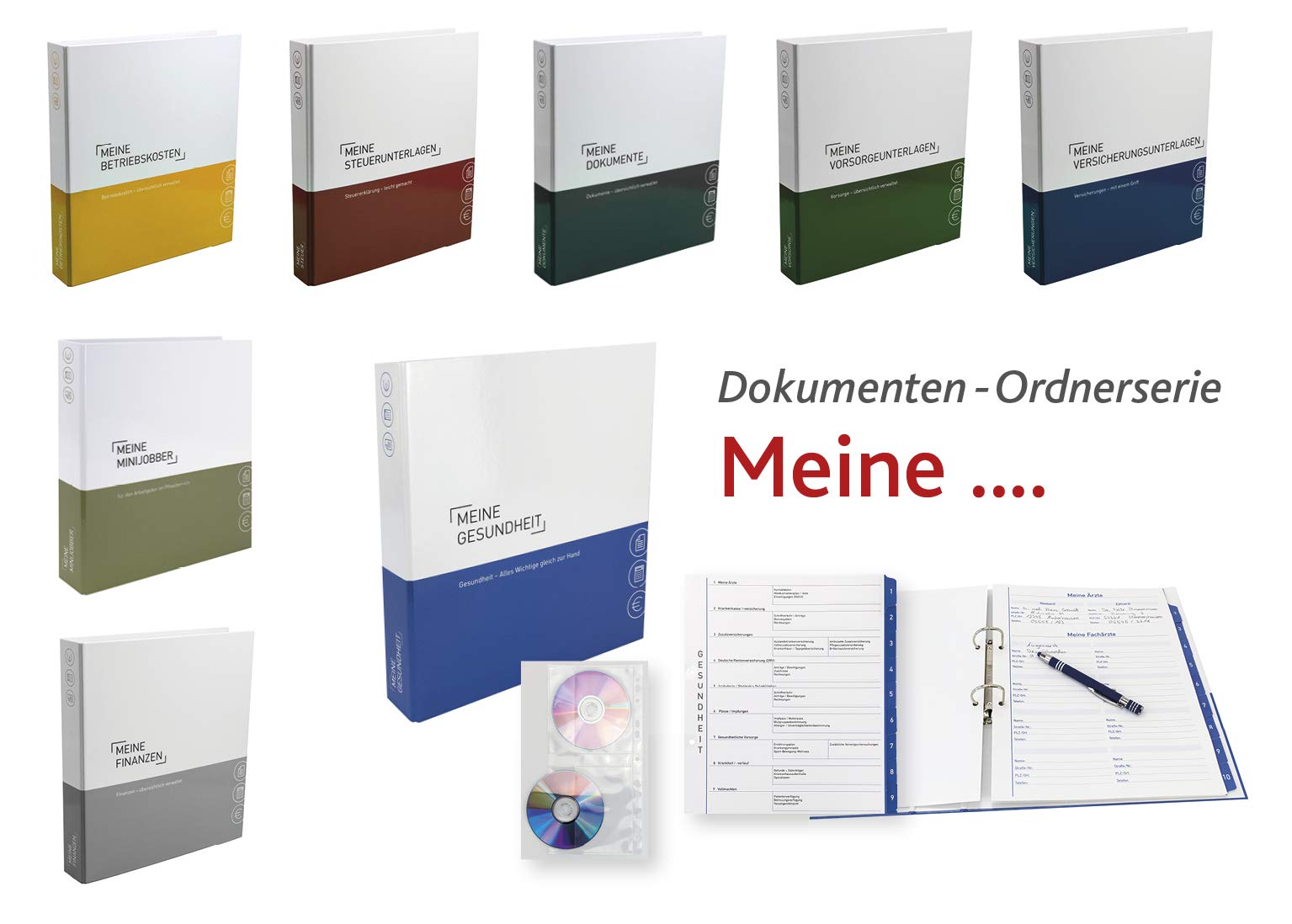 PLASTOREG Smidt GmbH 7er-Pack Themenringbücher mit Register für Versicherungen/Steuern/Vorsorge/Finanzen/Dokumente/Betriebskosten/Gesundheit, Optimale Struktur für die Ablage der wichtigsten Dokumente