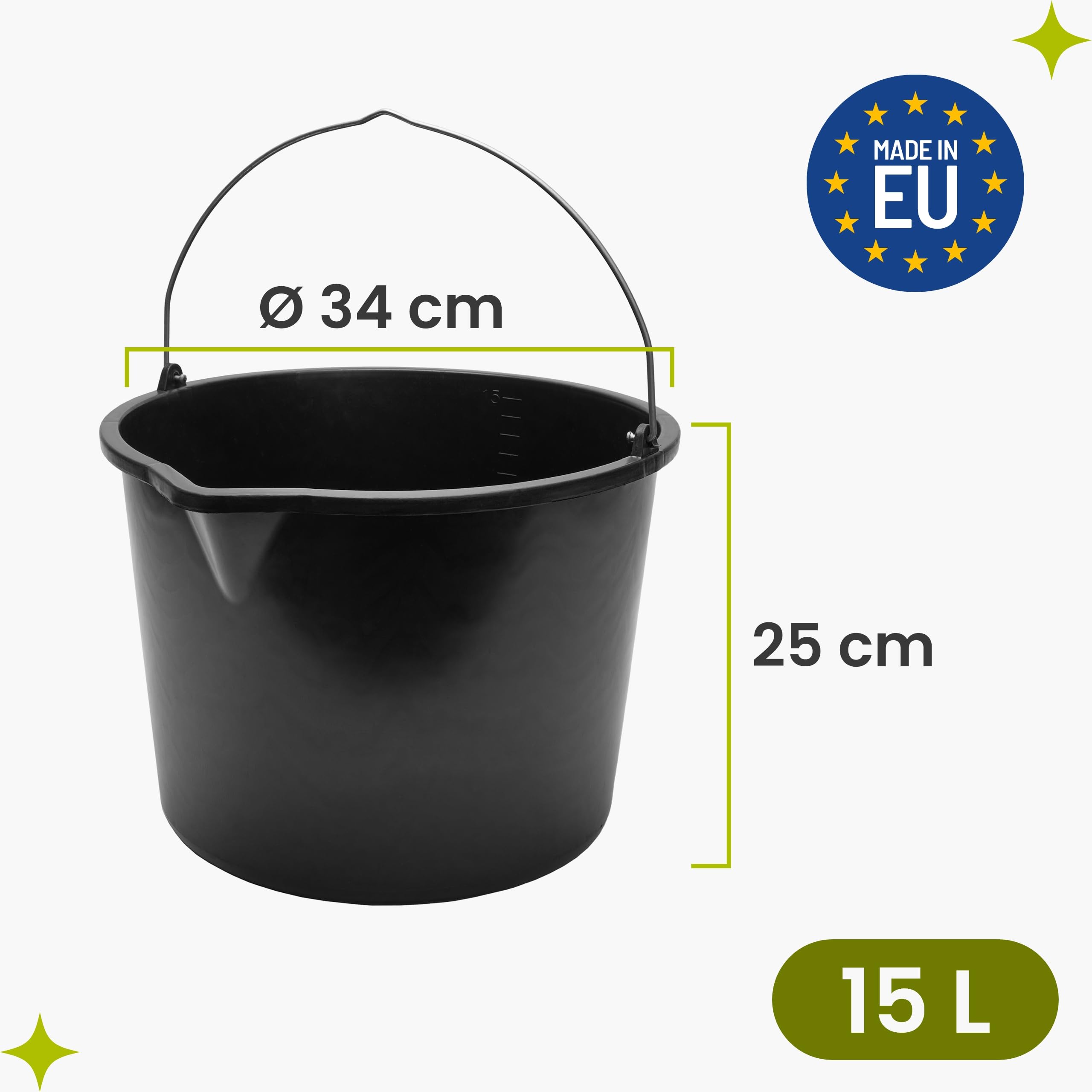 Garronda Seau verseur plastique recyclé Noir 15 L avec bec verseur Lot de 2 avec anse métallique rivetée, échelle graduée, bord renforcé, empilable, usage chantier jardin maison, seau GD-0168