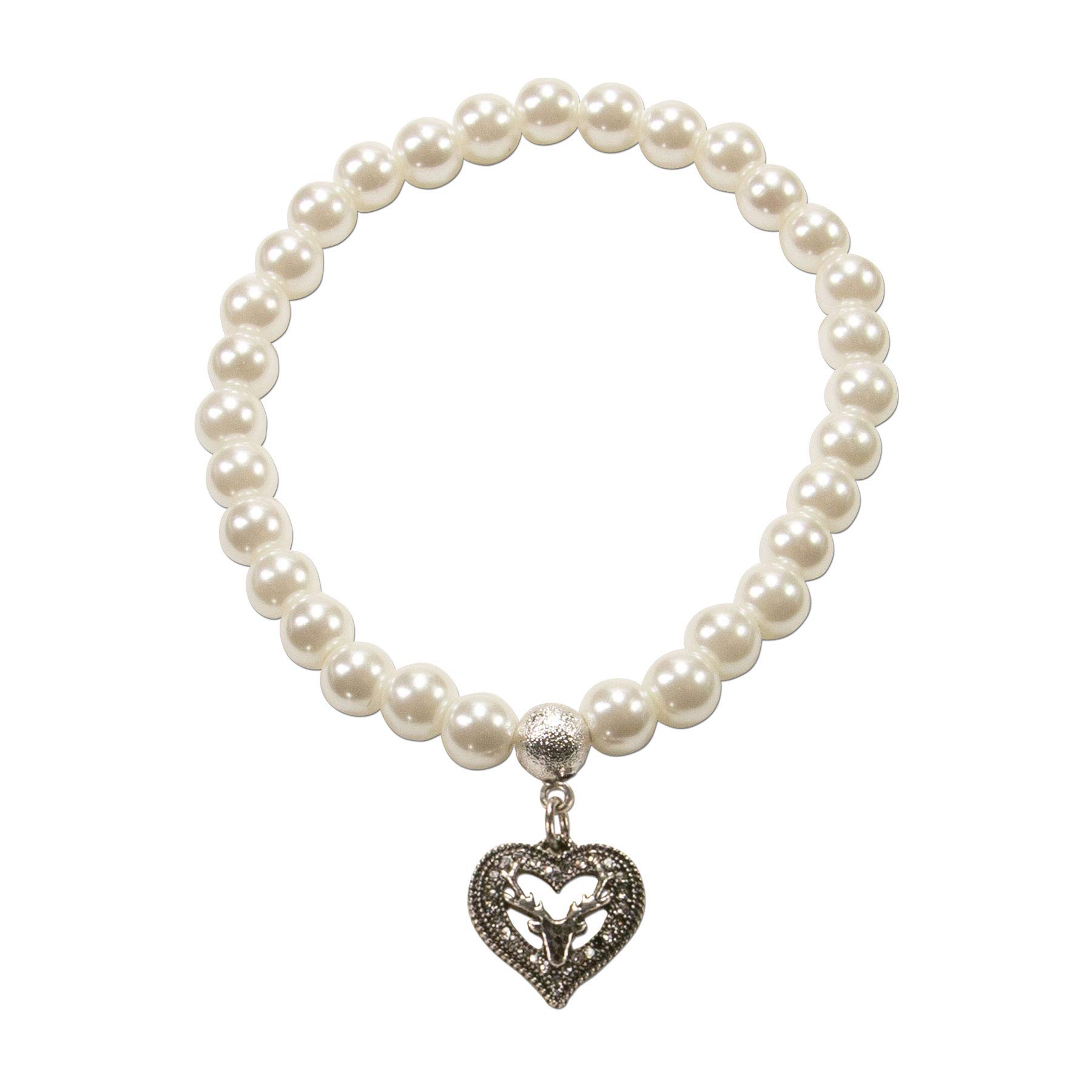 Alpenflüstern Trachtenschmuck-Set Perlen-Trachtenkette und Trachten-Armband Strassherz Hirsch - Damen-Trachten-Schmuck, Trachtenset Dirndl-Kette und Trachten-Armkette creme-weiß SET037