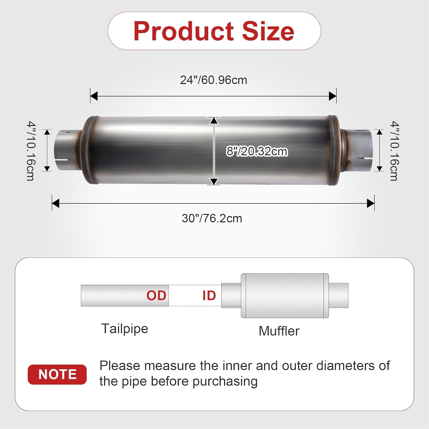 ELSHINE Exhaust Muffler, Universal Muffler for Cars Trucks, Stainless Steel Straight-Through Performance, 4" Inlet/Outlet, Overall Length 30", 8" Body Diameter