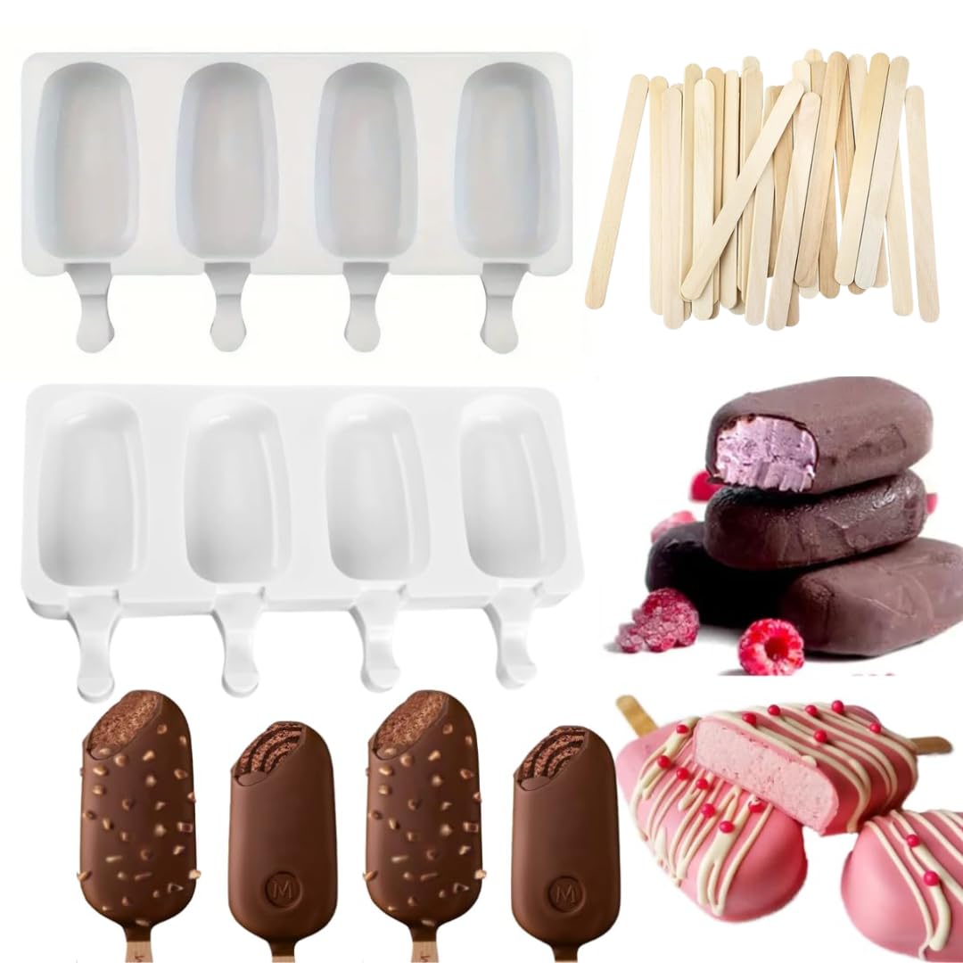 LEGACYCART Pack of 2 Silicone cakesicle Mould with 50 Sticks 4 Cavity Oval Shape Popsicle Mold Ice Pop Makers Ice Cream Kulfi Candy Lolly for Children & Adults Choco bar Magnum Mould (B0D54GNY4S) Amazon Price History, Amazon Price Tracker