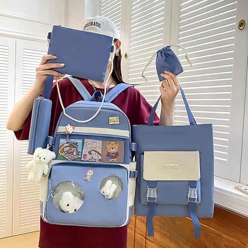 Miniatura 2 de Mochila kawaii de 5 piezas para la escuela, mochila estética kawaii, suministros escolares Kawaii, conjunto de mochila con accesorios, Azul
