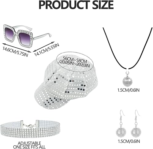 Miniatura 2 de Juego de 5 accesorios para disfraz de discoteca de los años 70 y 80, incluye sombrero de lentejuelas, aretes, collar, lentes de sol para mujer