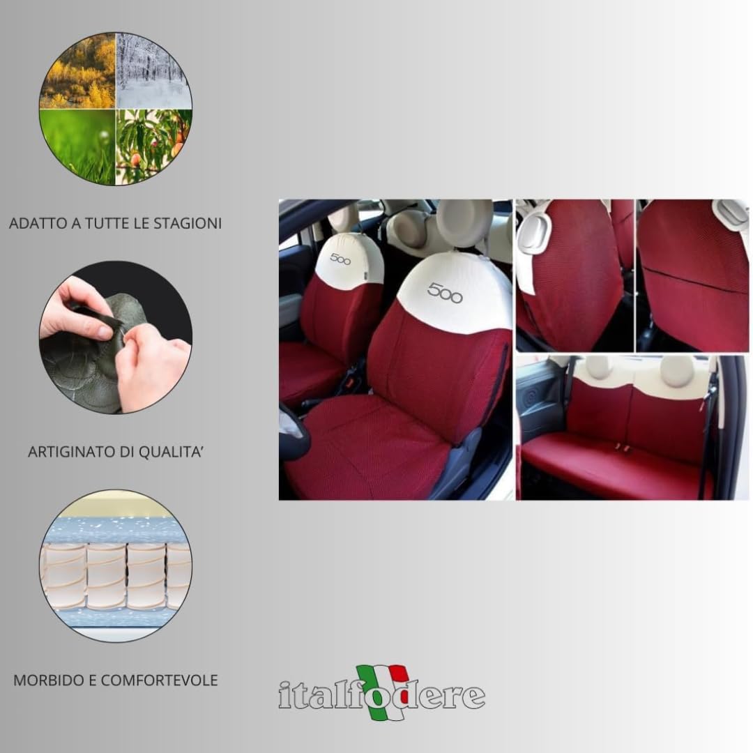 Italfodere - Coprisedili Auto Anteriori e Posteriori - Compatibili con Fiat 500 - Fatti a Mano - Cotone - Gommapiuma - Poliestere - Accessori Auto Interno - Made in Italy - (Rosso/Ecrù)