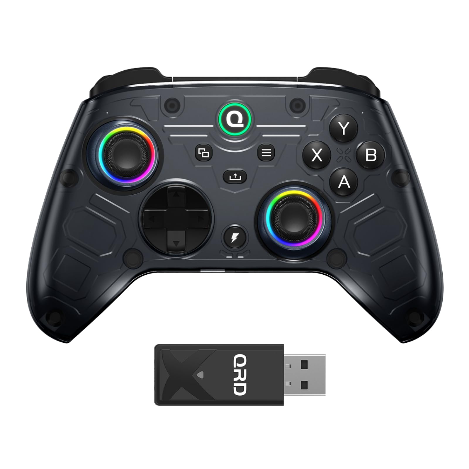 Front view of the QRD FERROX M5 Wireless Controller, highlighting joysticks, buttons, and RGB lighting.