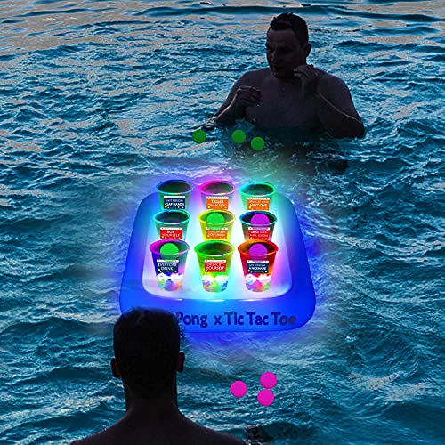 Six Senses Media 23X23 Inch Glowing Tic Tac Toe Pool Party Rack Floating Beverage Pong Rafts, Swimming Pool Pong Game And Drink Holder, Includes 1 Rafts 9 Cups And 10 Pong Balls, Flashing Color #TOP6