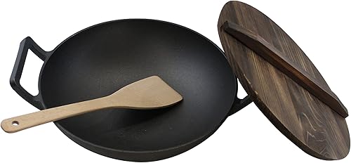 Miniatura 1 de Wok de hierro fundido, pre-sazonado de 14.5 pulgadas con espátula de madera y tapa