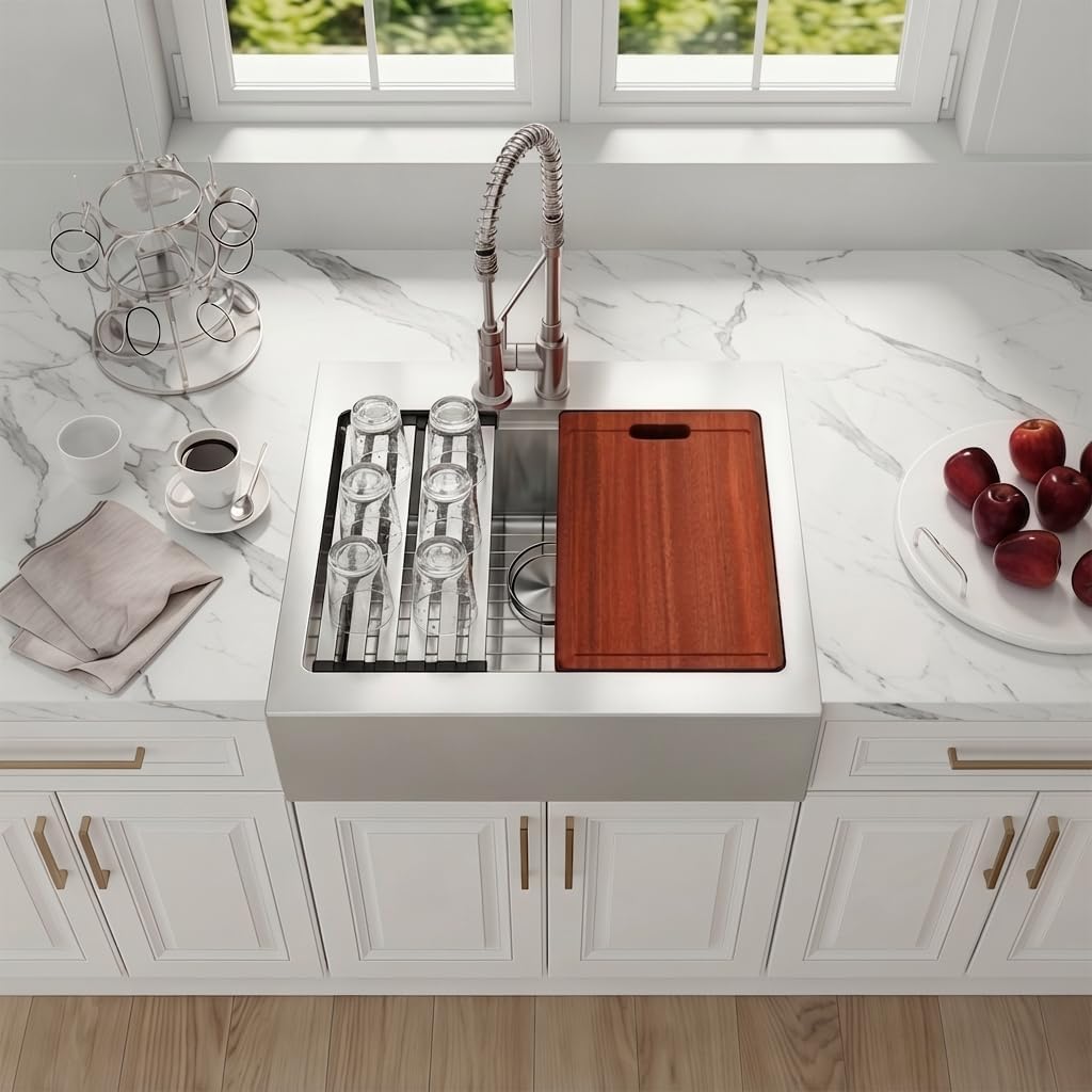 26 Inch Farmhouse Sink, 16 Gauge 304 Stainless Steel Farm Sinks, Drop In Topmount Single Bowl Workstation Sink with all Accessories, 26" x 22" x 10" Deep Kitchen Sink