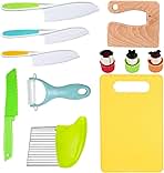 RISICULIS 11 Pieces Wooden Kids Kitchen Knife, Kids Kitchen Set Include Wood Knife, Serrated Edges Plastic Toddler Knife, Crinkle Cutter, Sandwich Cutter, Y Peeler, Cutting Board