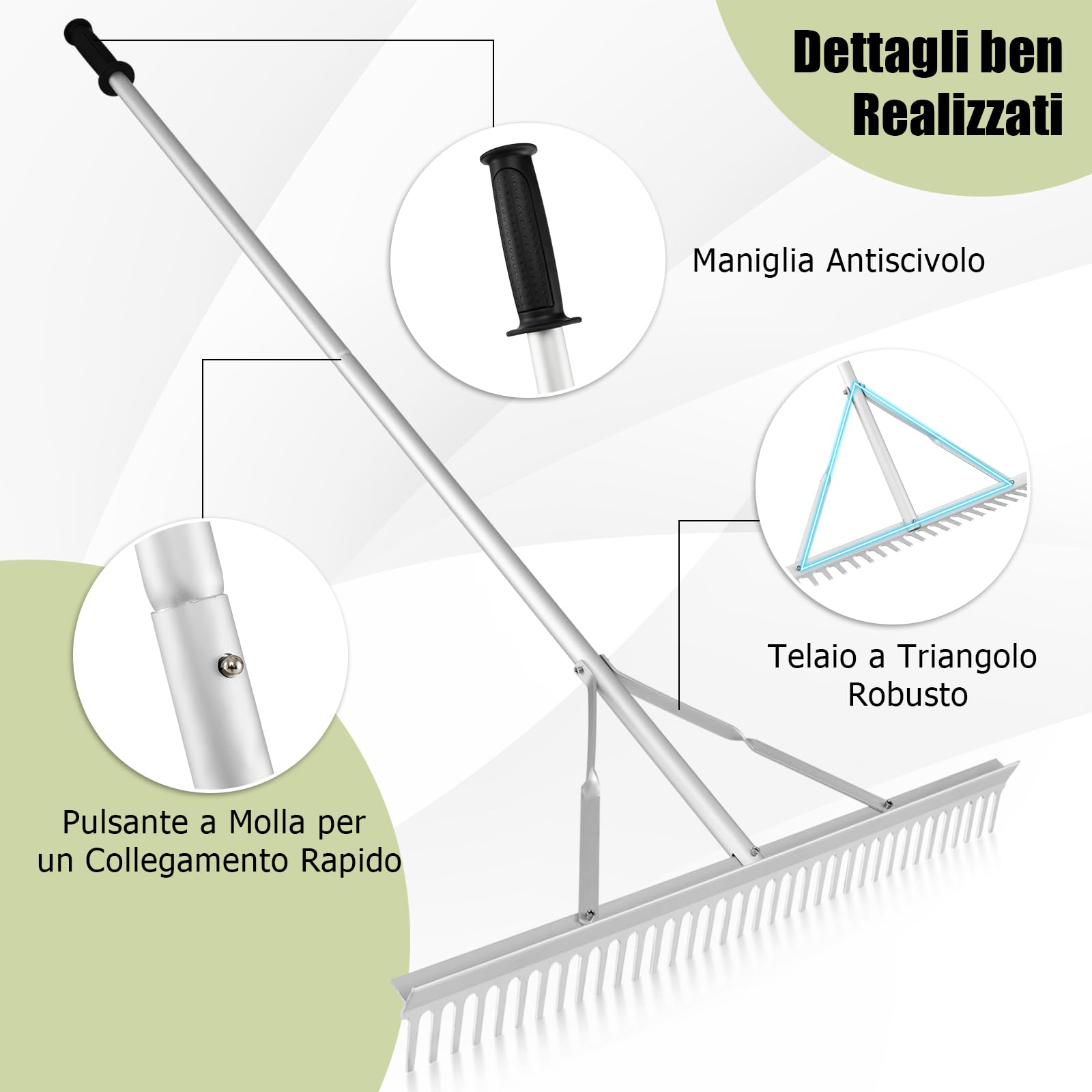 GYMAX Rastrello da Giardino, Scopa in Alluminio con 36 Denti, Testa da 91 cm e Manico da 174 cm, Strumento a Doppia Faccia per Allentare e Livellare il Terreno, Adatto a Prato, Cortil, Argento