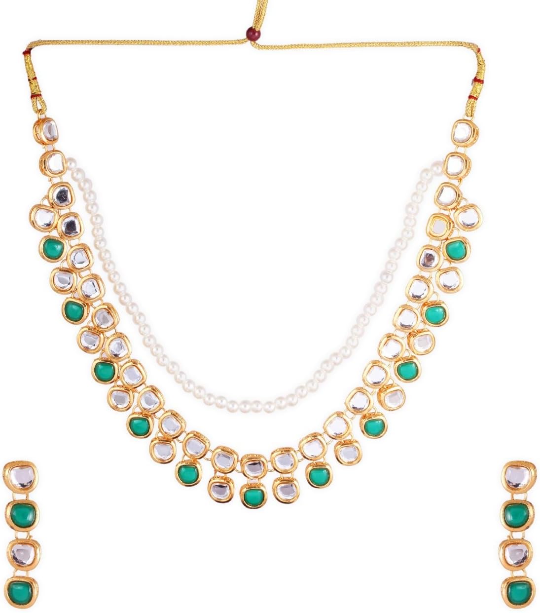 PEARLS Gold-Tone Traditional Kundan & Pearl Necklace Set for Women – Elegant Ethnic Jewelry for Weddings and Special Occasions
