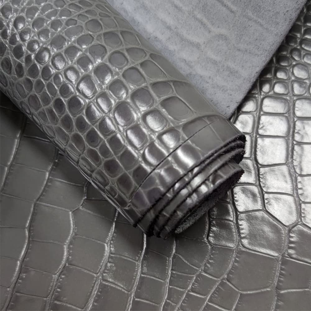Aibote Hojas de piel de vaca auténtica en relieve, material de piel de vaca para manualidades de cuero (patrón de cocodrilo gris, 5 pies cuadrados (forma irregular))