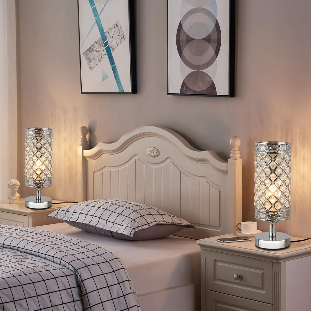 Chrome Crystal Table Lamp for Bedroom, Nightstand Light with Plug-in Switch, Elegant Crysta Bedside Table Lamps for Living Room Dining Room Dresser