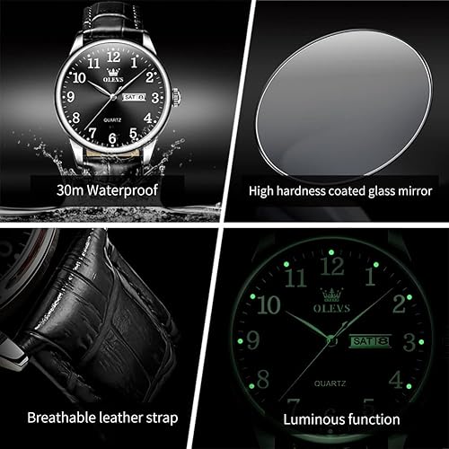 Miniatura 5 de OLEVS Reloj para hombre, relojes para hombre, correa de cuero, reloj clásico de cuero marrón, reloj analógico, reloj de cuero negro para hombre