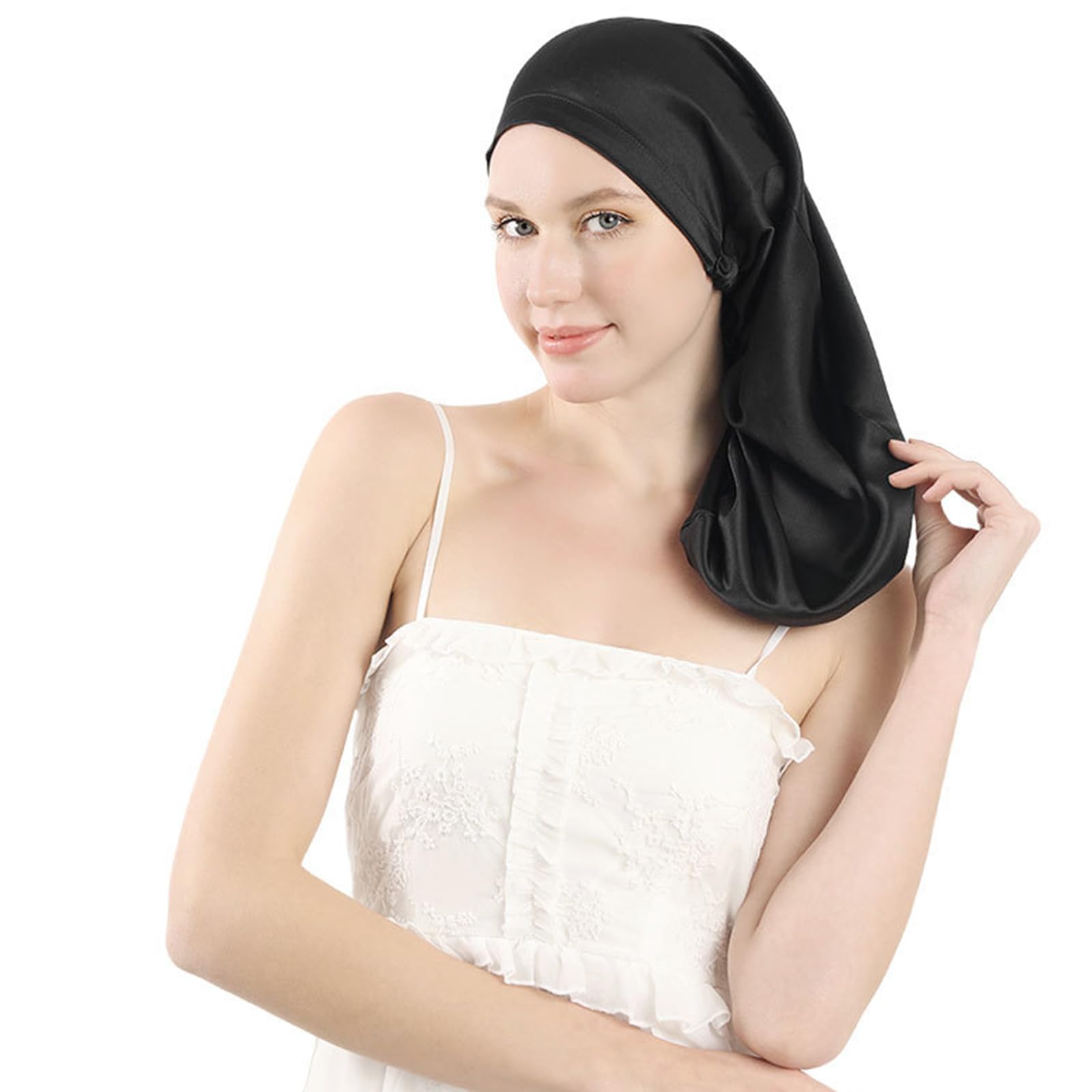 Bonnet de Nuit en Satin Réglable Avec Bande Élastique pour Cheveux Longs Et Bouclés (Noir)