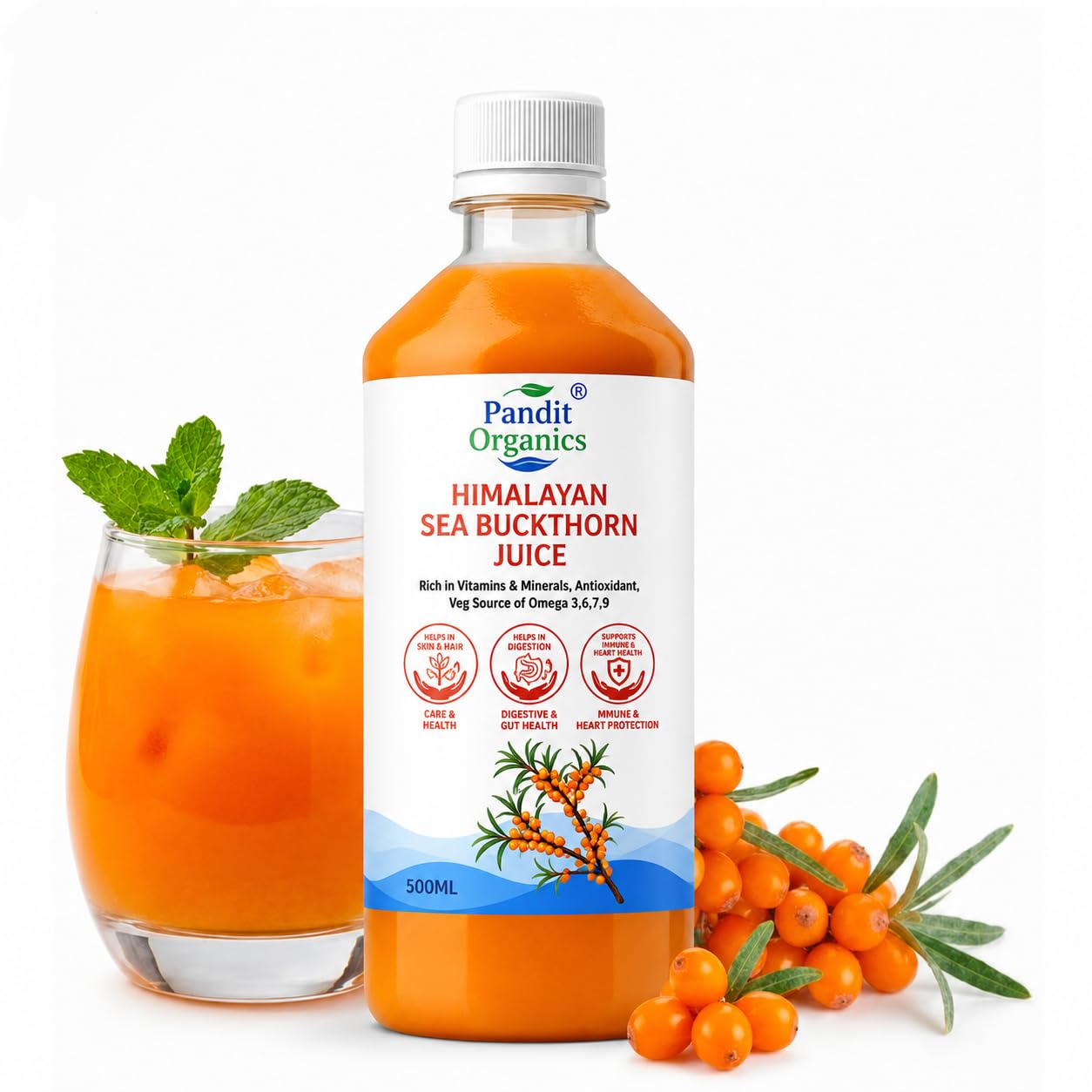 Pandit Organics Himalayan Sea Buckthorn Pulp Concentrate 500ml | Cold-Pressed | Makes 100 Glasses | Natural Vitamin C, Omega 3 6 7 9, Antioxidants | Immunity, Skin Glow & Gut Health Support | Juice Seabuckthorn | 500ml