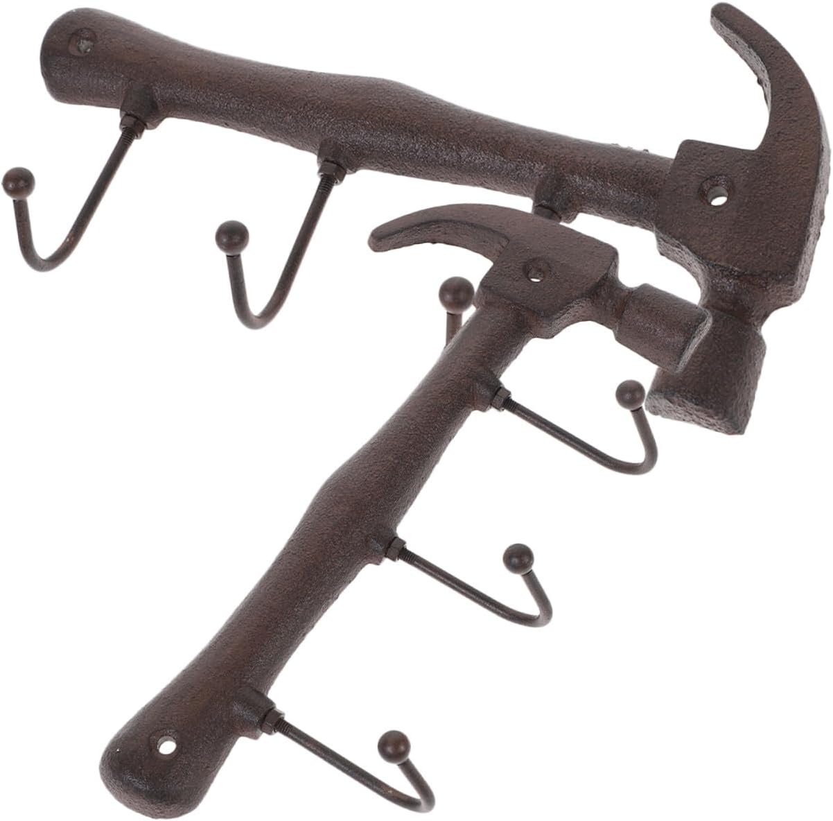 FUOYLOO Vintage Hammer Shape Cast Iron Wall Mounted Hook 2pcs, Industrial Style Coat Hat Hanging Rack for Home Entryway, Rustic Metal Garment Hanger with Screws Included