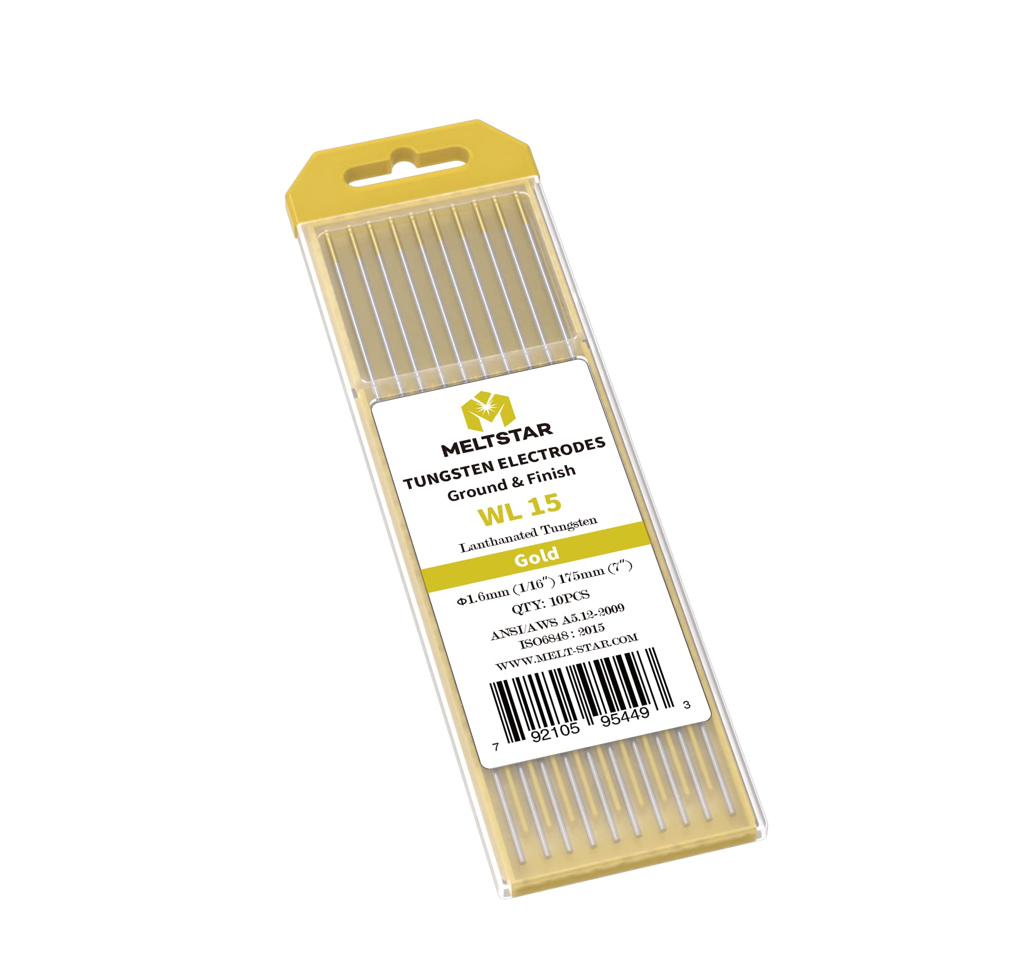 Electrodos de Tungsteno para Soldadura TIG WL15 con 1.5% de Lantano(Oro Dorado), Ø1,6x175mm, Paquete de 10 Electrodos