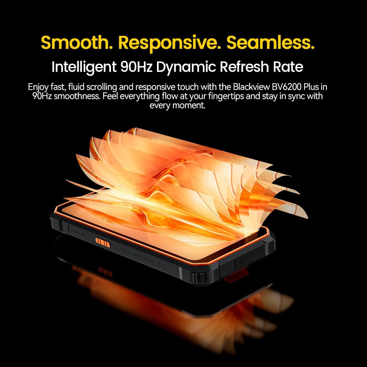 Visual representation of the Blackview BV6200 Plus display with a dynamic 90Hz refresh rate, showing smooth motion.