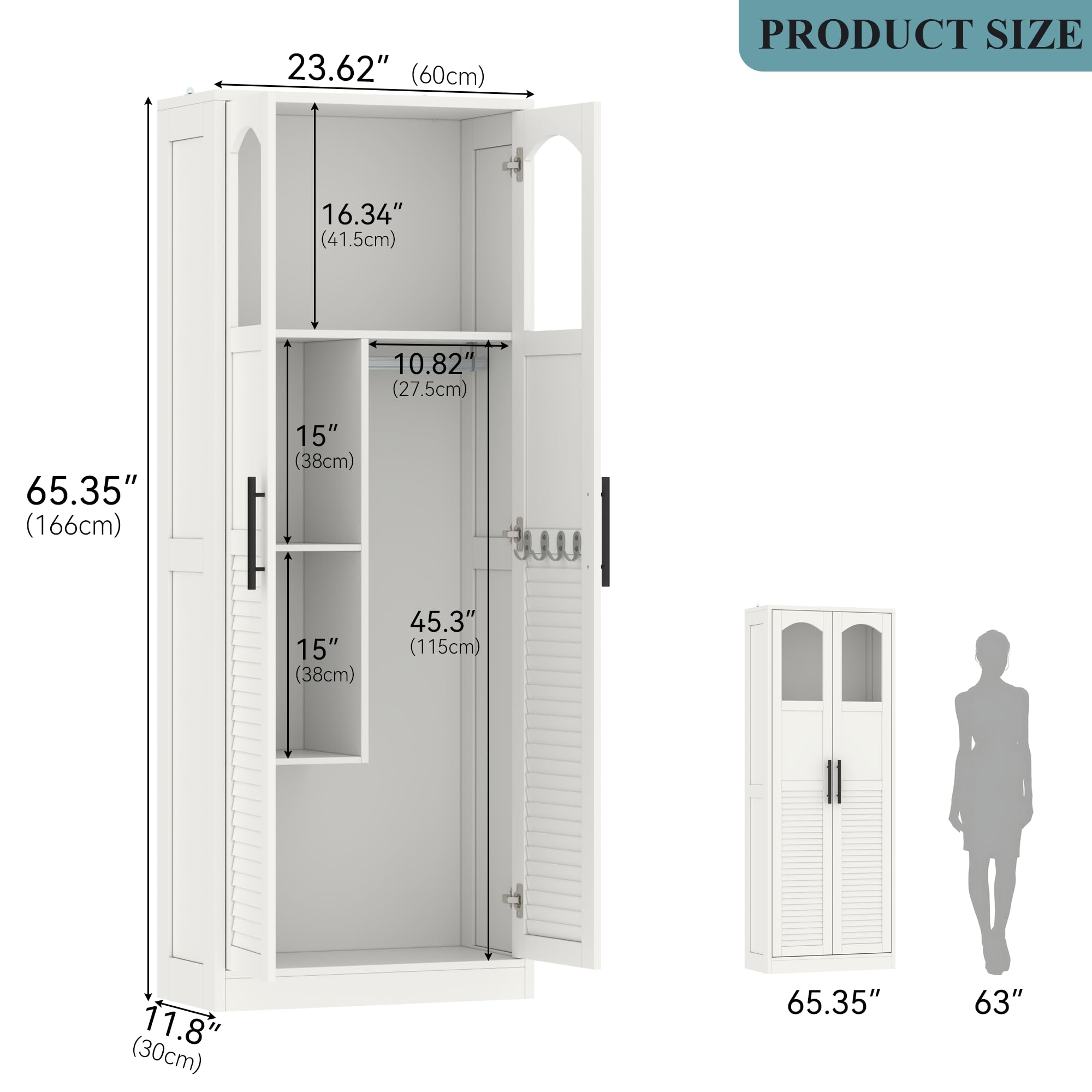 Besenschrank 60 cm breit, Putzschrank mit Lamellentüren, 4 Haken & Stange