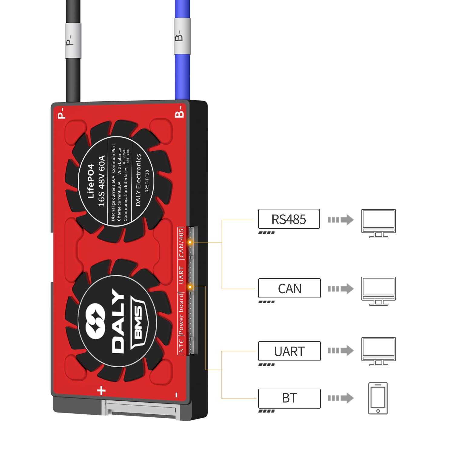 DALY Programmierbares konfigurierbares intelligentes BMS 16S 48V LiFePO4 mit Ausgleichsleitungen Drähte UART RS485 CAN-Kommunikation Batterieschutzmodul BMS für Batteriepack 24V(60A)