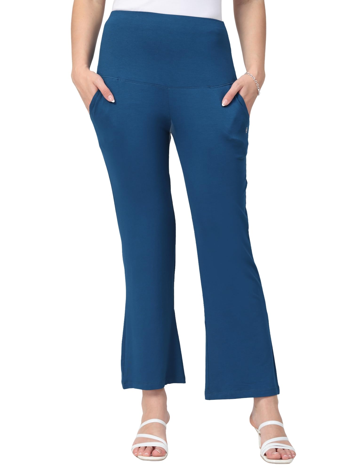 zelena Flared High Waist Maternity Pants with Pockets | 95% Viscose 5% Elastane Stretchable Pregnancy Trousers | Soft Belly Support Bottoms for Nursing & Postpartum Wear-picture-10
