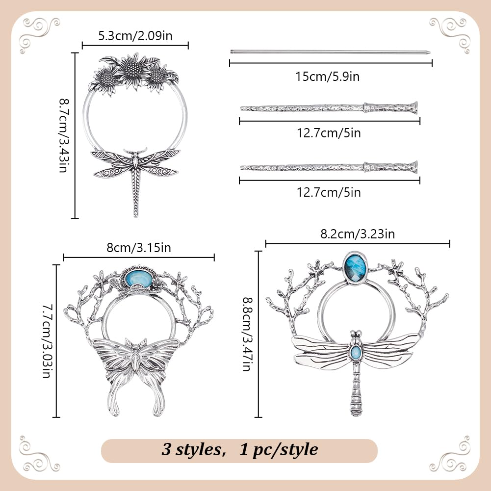 WEBEEDY 3 Styles Vintage Silver Hairpin Hair Slide Pin Dragonfly Butterfly Sunflower Moon Hair Pins Alloy Hairpin Viking Retro Barrettes for Women Long Hair Accessories,Valentine's Day Gifts,8.7cm - Image 2