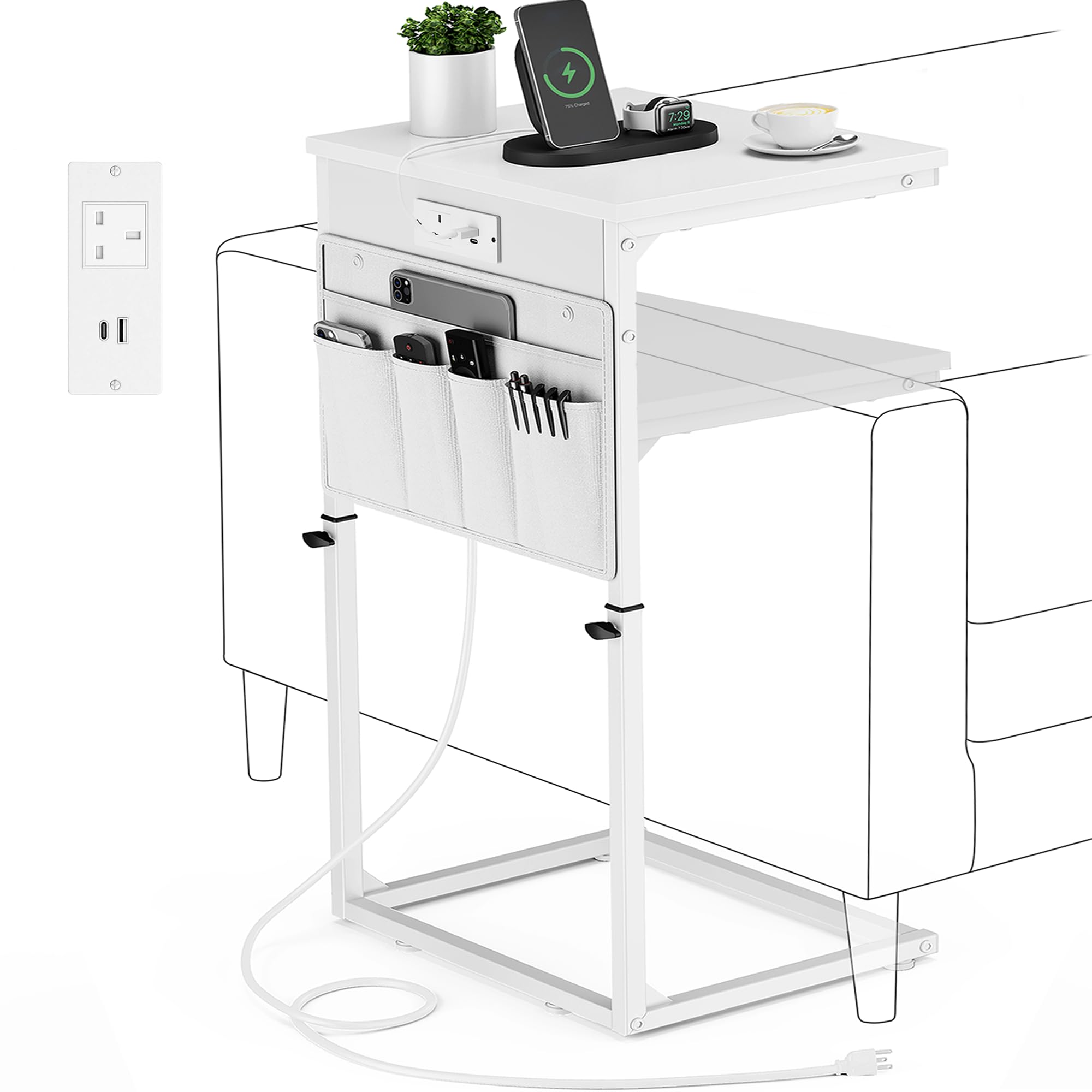 Vagusicc C-Shaped Side Table with Charging Station, Height Adjustable Sofa Side Table, Bedside Table, End Table for Small Spaces, Coffee Table with Metal Frame for Living Room, Bedroom, White