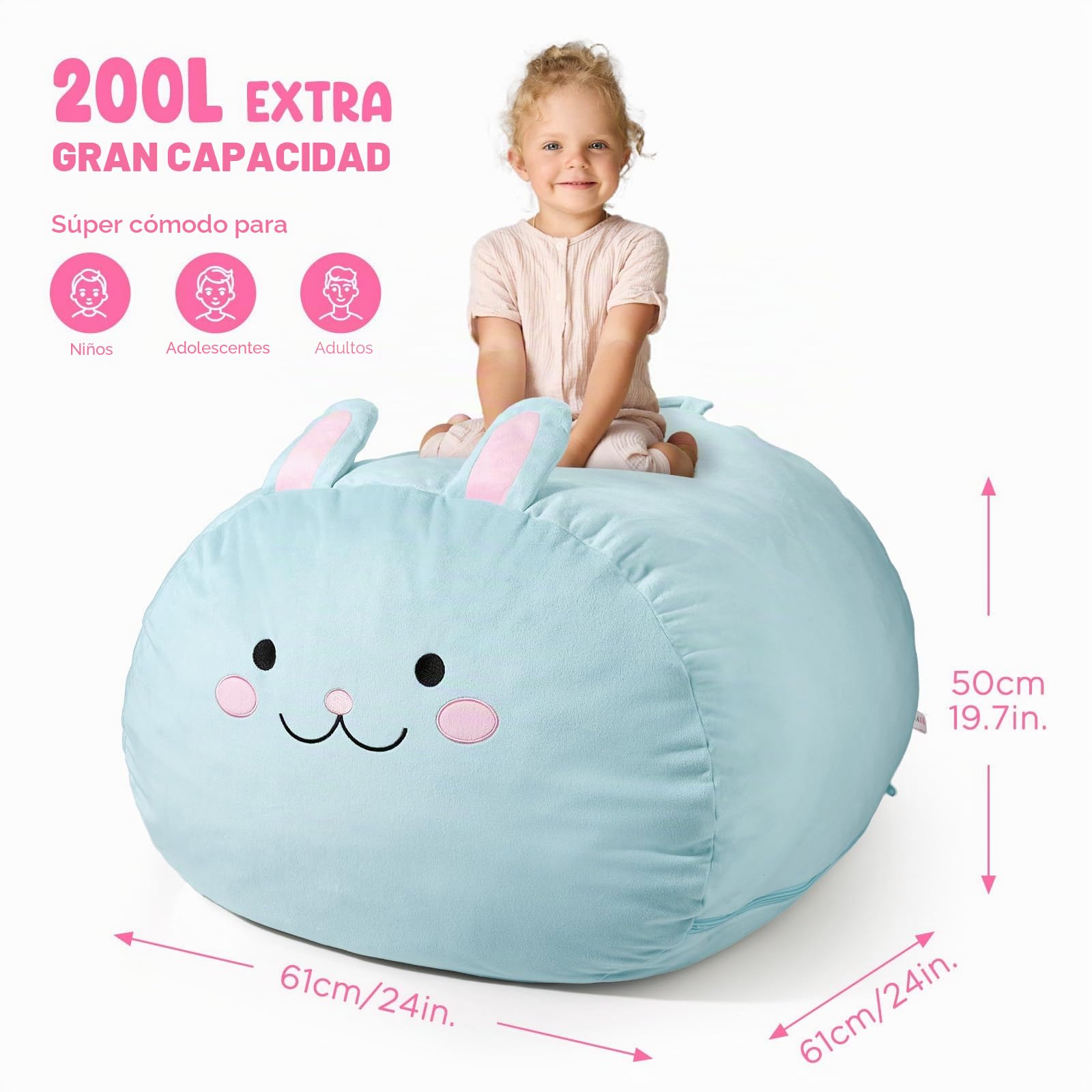 GAGAKU Saco de Almacenamiento para Peluches Conejo Azul 200L Bolsa Puff Salon XXL para Juguetes Habitación Infantil Gran Saco Asiento Rellenable con Cremallera de para Organizador Peluches - Azul