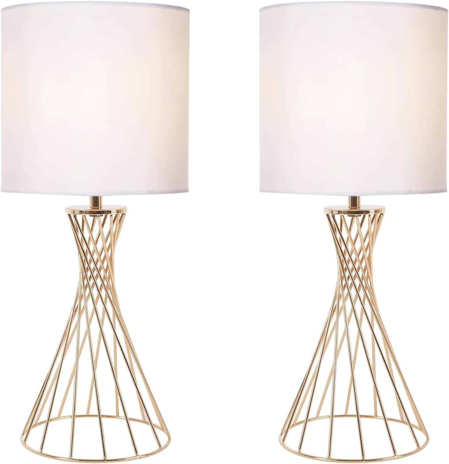 Gold Table Lamps Set of 2, 2 Pack Gold Lamps for Bedside with White Fabric Shade, Gold Nightstand Lamps for Living Room,Bedroom,Kids Room,Office Working, Modern Brass Metal Base Hollow Desk Lamps