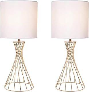 Gold Table Lamp Set of 2, Modern Bedside Lamp for Nightstand, Small lamp for Bedroom, Metal Geometric Hollow Out Base with White Fabric Shade
