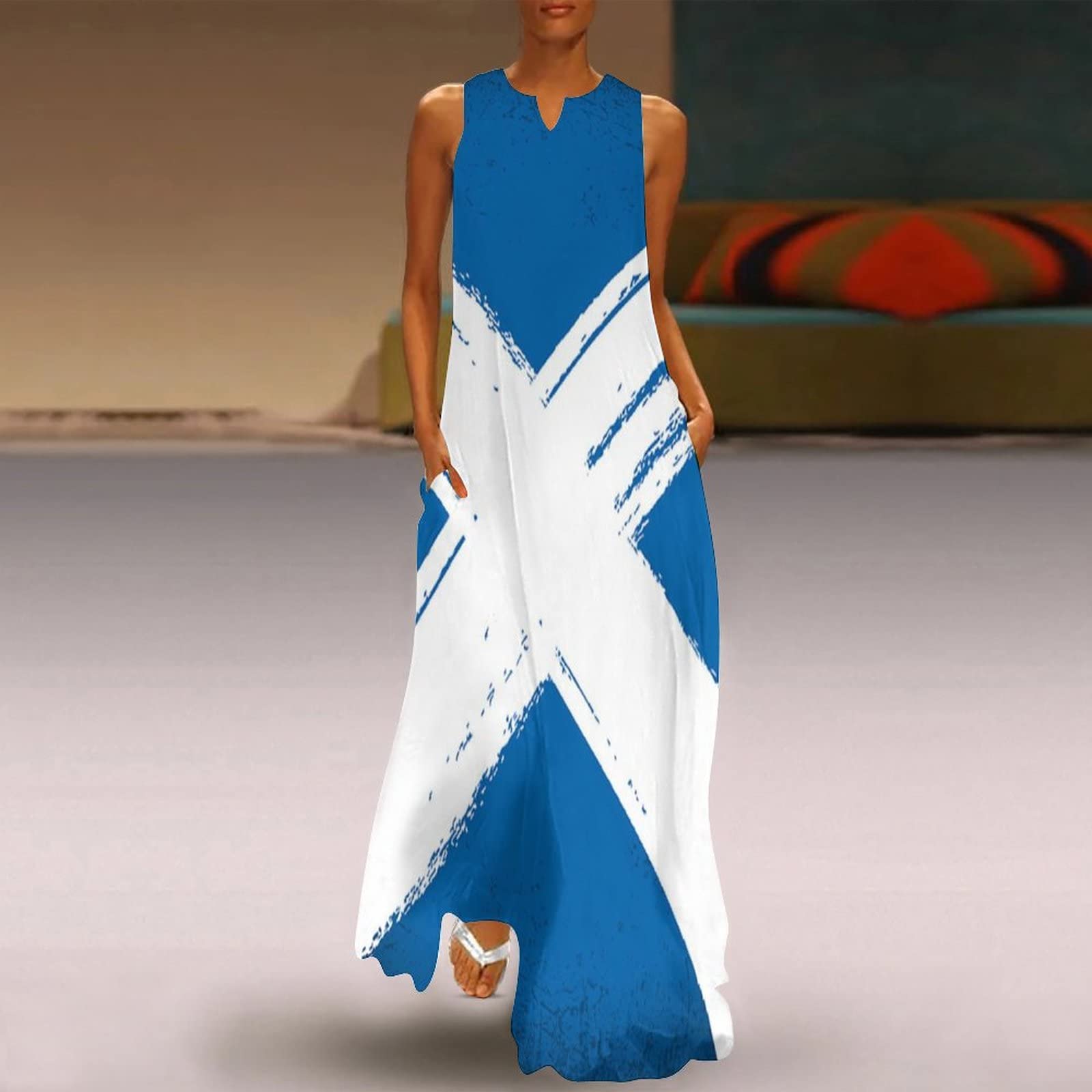 Retro Scottish Flag Women's Sleeveless V Neck Long Dress Casual Summer Ankle Length Maxi Dresses 4XL