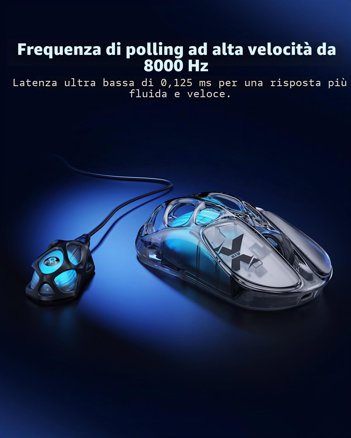 GravaStar Mercury X Air Mouse Gaming Wireless Ultraleggero 56g, Sensore PAW3950 32.000 DPI, Ricevitore 8K, Bluetooth/2,4 GHz/Cablato, Illuminazione RGB, Mouse Gamer per PC e Portatile
