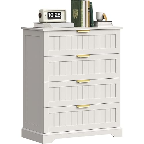 4 Wooden Drawer Dresser for Bedroom Storage, Modern Farmhouse Wood Chest of Drawers with Metal Handles, Wide Storage, Cabinet for Closet, Living Room, or Entryway White