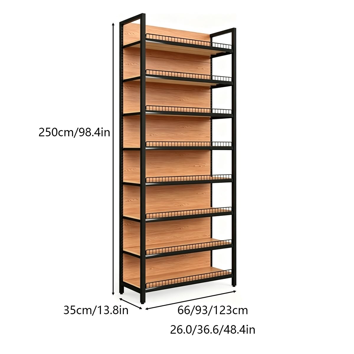 Étagère robuste pour gondole, étagère en acier grain de bois, assemblage sans outils, charge de 50 kg, étagères réglables avec protections de bords pour vente au détail et épicerie