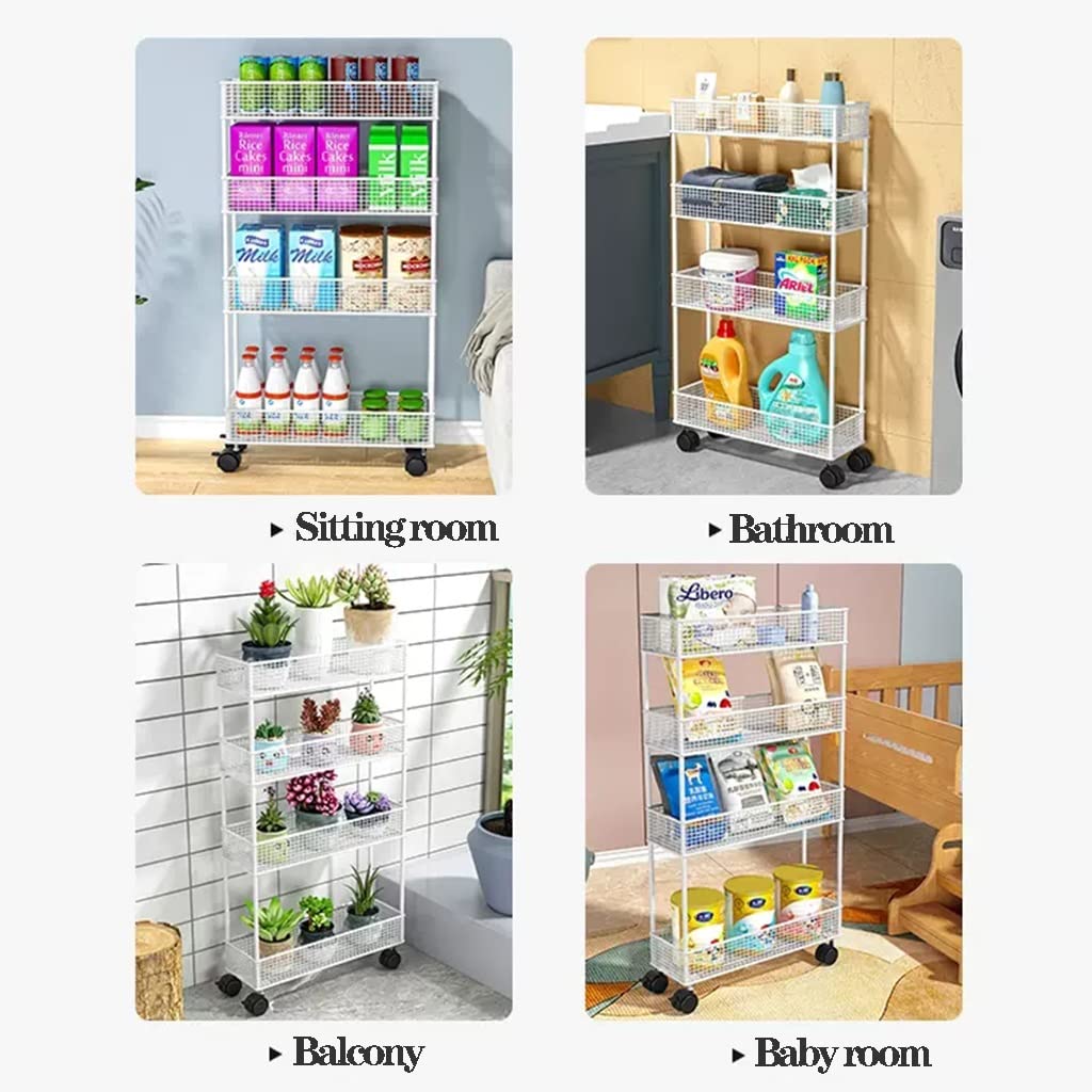 Carrello portaoggetti sottile in metallo, a 4 ripiani, per dispensa e utilità della cucina, frutta e verdura con ruote (bianco, 16 cm)