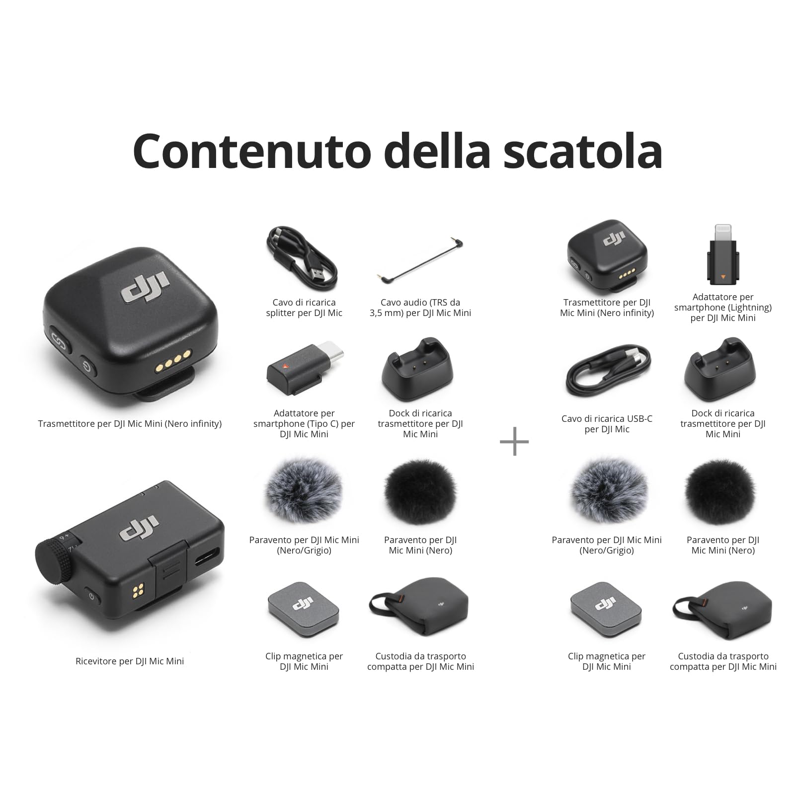 DJI Mic Mini (2 TX + 1 RX + Adattatore Lightning) per iPhone, Android e fotocamera, audio ricco di dettagli, cancellazione del rumore, limitazione automatica, microfono wireless per vlog, streaming