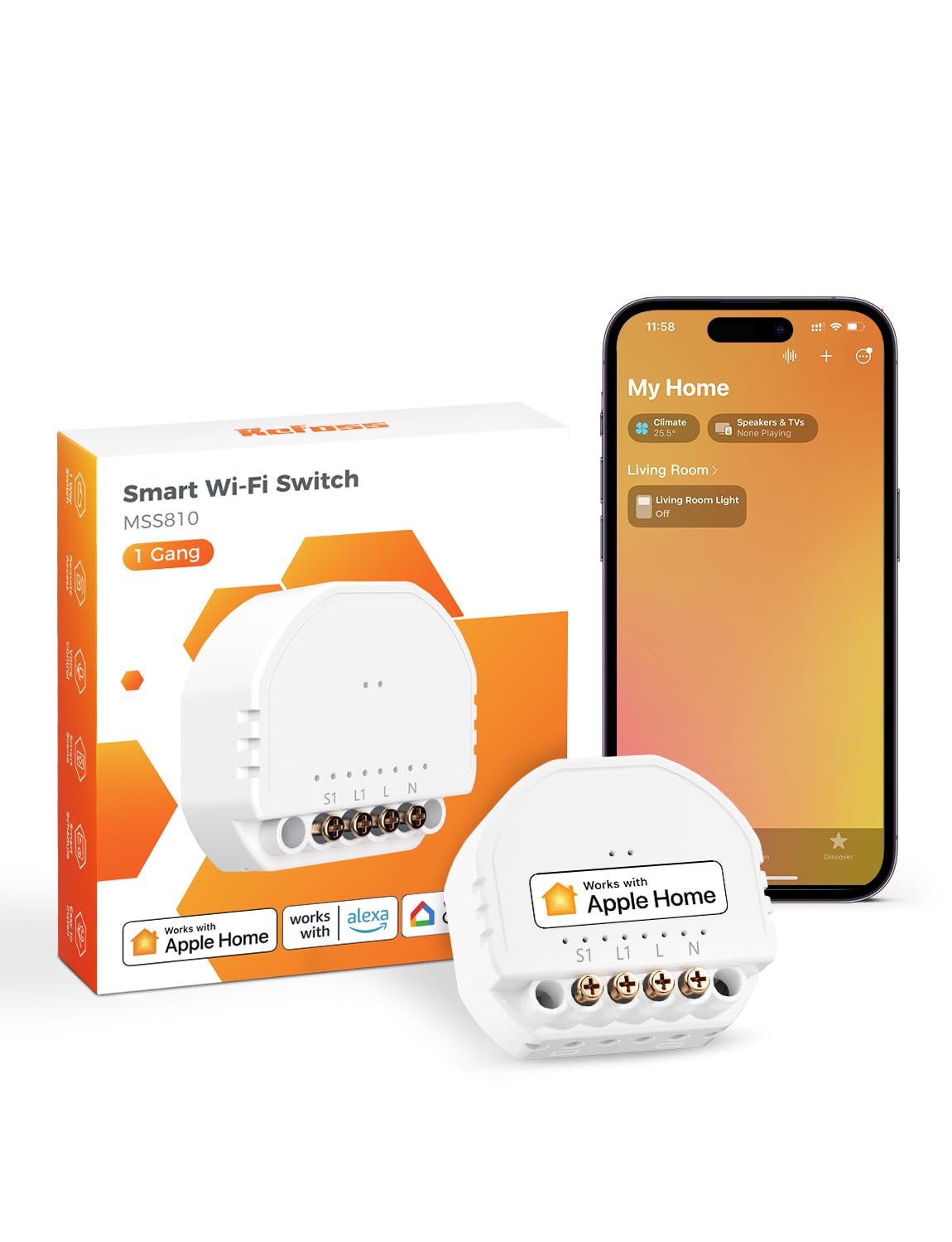 Refoss Interruptor Inteligente WiFi, Mini Interruptor Luz de Pared Conmutador 1 Gang, Inteligente Módulo y Relé Temporizador Control Remoto Compatible con HomeKit Siri Alexa Google Home, 1 Pieza
