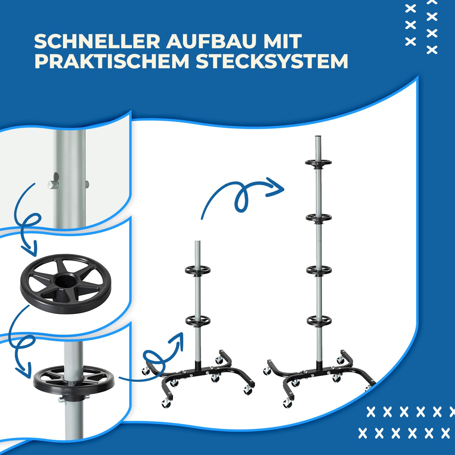 Felgenbaum XL fahrbar für Autoreifen bis 295mm – Reifenständer belastbar bis 150kg inkl. Reifen Markierer – Reifenbaum mit Rollen & Feststeller – Felgenständer für 4 Reifen/Felgen 16-24 Zoll