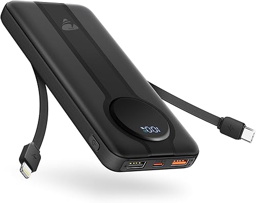 Aioneus Cargador portátil, banco de energía de 10000 mAh con cables integrados, cargador de batería de carga rápida USB C de 22.5 W, cargador de