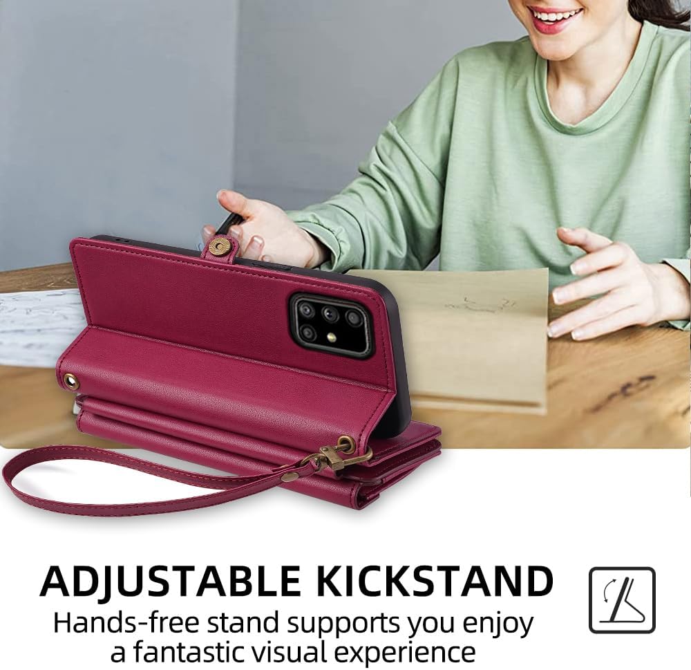 Asuwish Phone Case for Samsung Galaxy A71 5G Zipper Wallet Cover with Screen Protector and Leather Card Holder Slot Stand Wrist Strap Cell Accessories Mobile Flip A 71 G5 71A S71 A715G Women Men Red