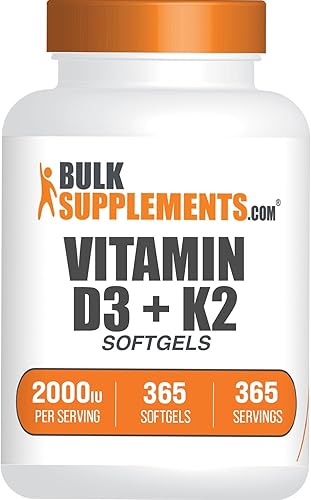 BulkSupplements. Com Vitamina D3 + Vitamina K2 Cápsulas blandas - D3, K2, suplemento vitamínico - Sin gluten, 1 cápsula blanda por porción (2000