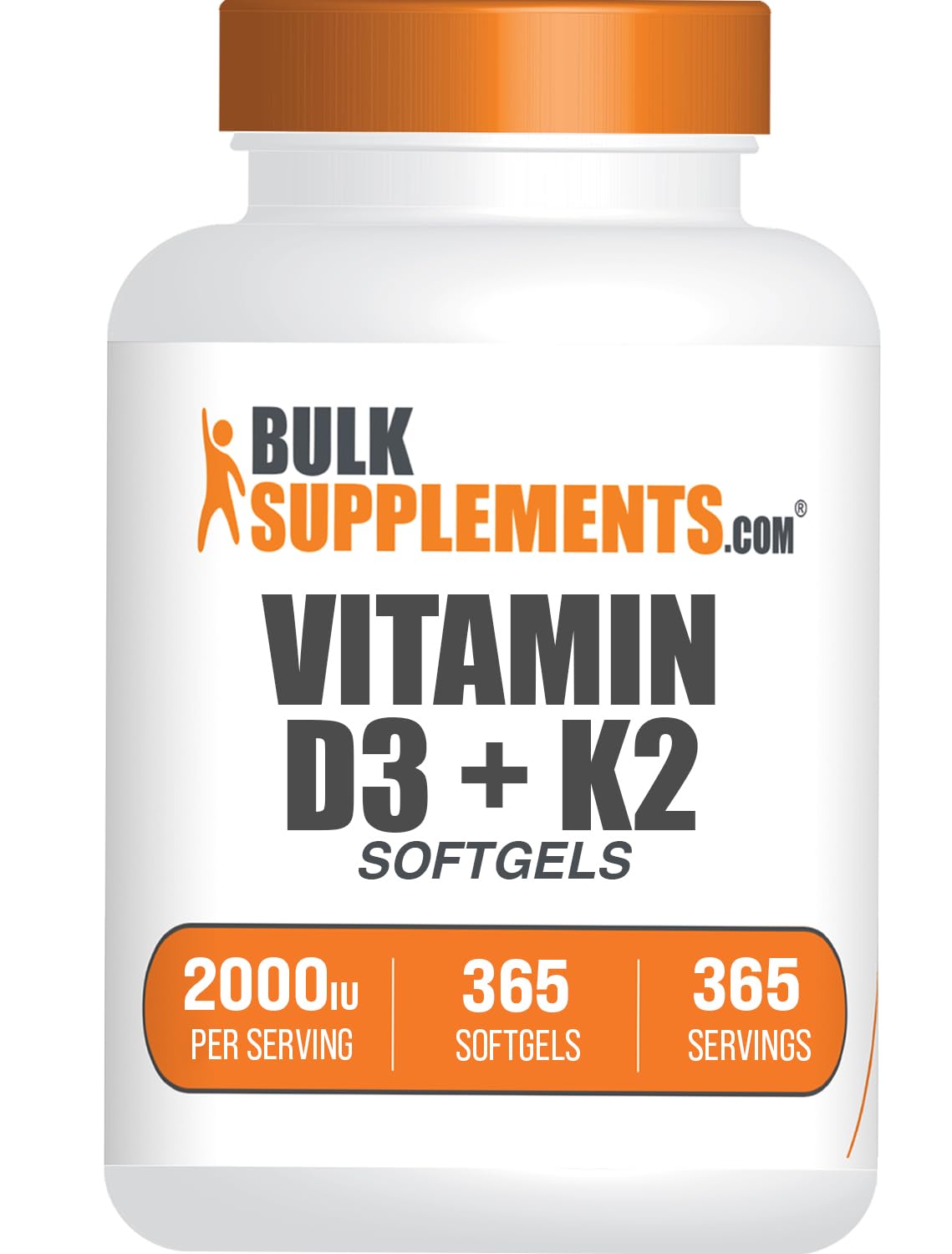 BulkSupplements.com Vitamin D3 + Vitamin K2 Softgels - D3, K2, Vitamin Supplement - Gluten Free, 1 Softgel per Serving (2000IU), 365 Count (Pack of 1)