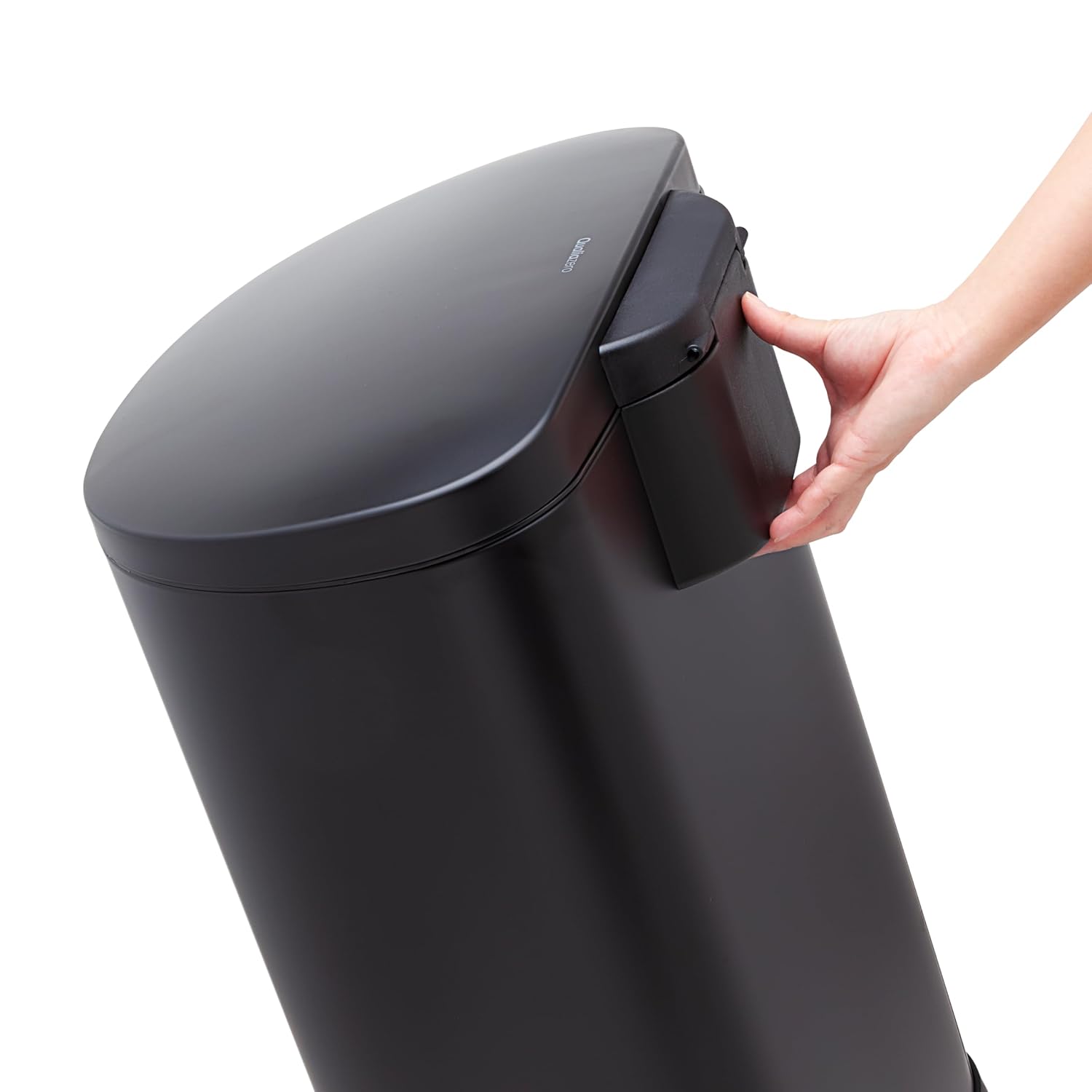 QUALIAZERO 50L / 13 Gallon Stainless Steel Step-On Kitchen Trash Can Soft-Close Lid, Fingerprint-Resistant, Removable Liner, Slim D Shape Modern Design for Home, Office, Commercial Space (MATTE BLACK)